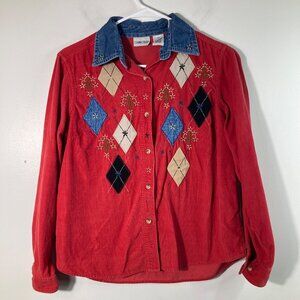 Womens Vintage Cabin Creek Corduroy Denim Button Shirt PS Applique Embroidered